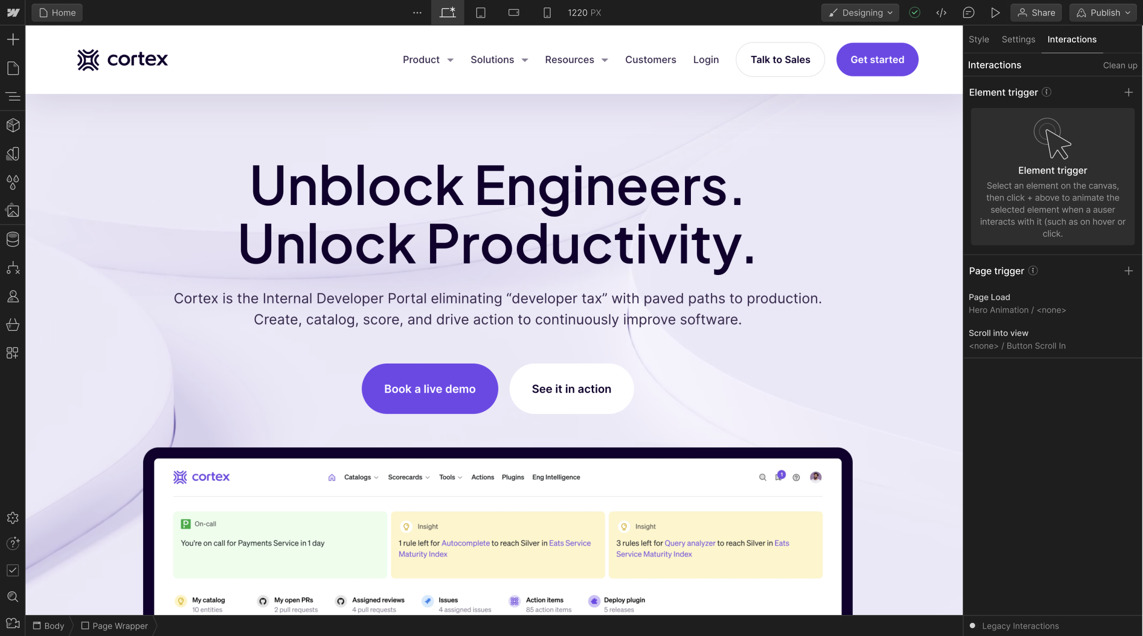 screenshot of cortex webflow project